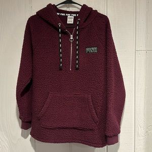 PINK 3/4 Zip Sherpa Hoodie-Burgundy